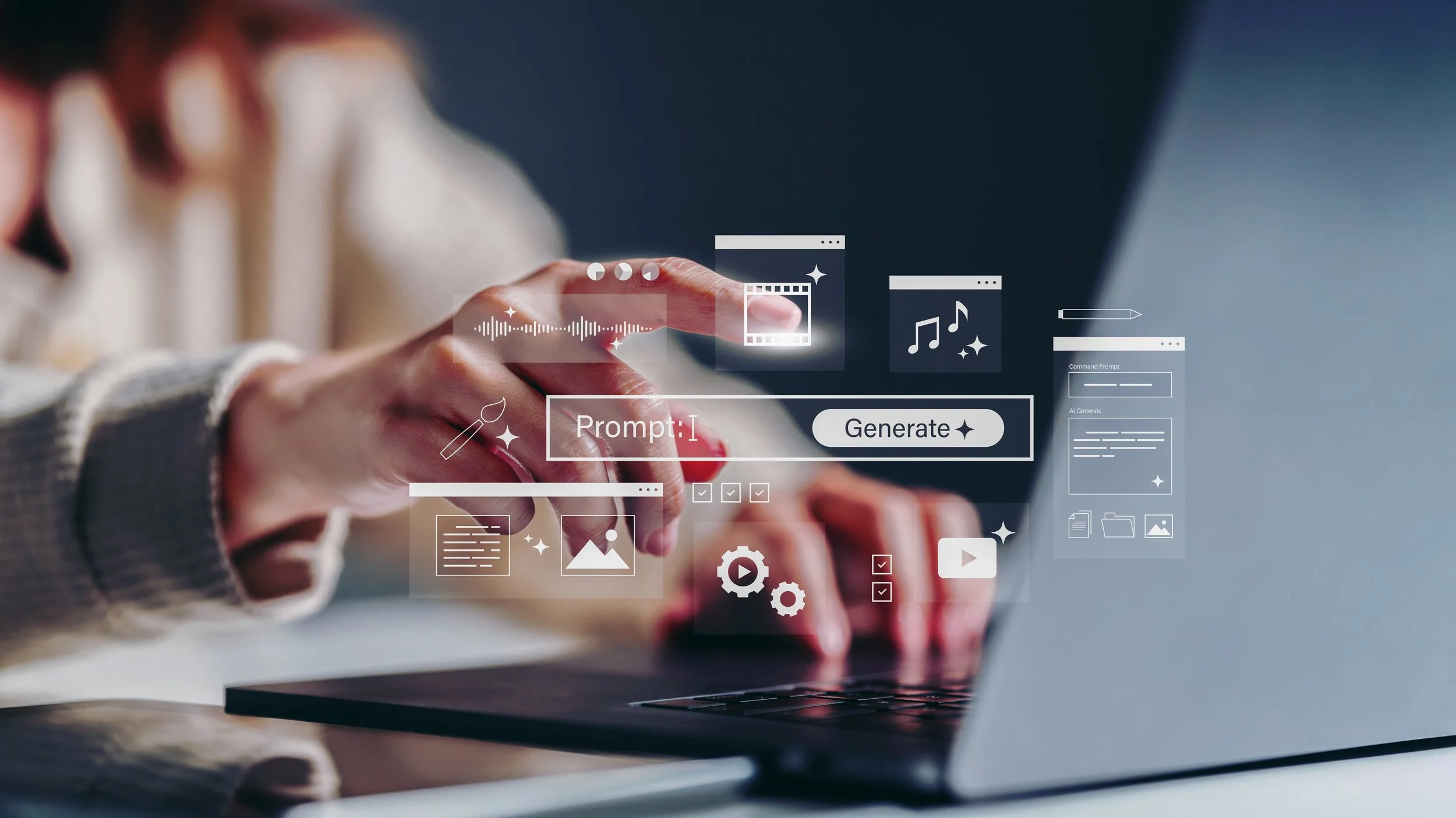 Creator using touchscreen device with digital interface icons for video, audio, and AI.