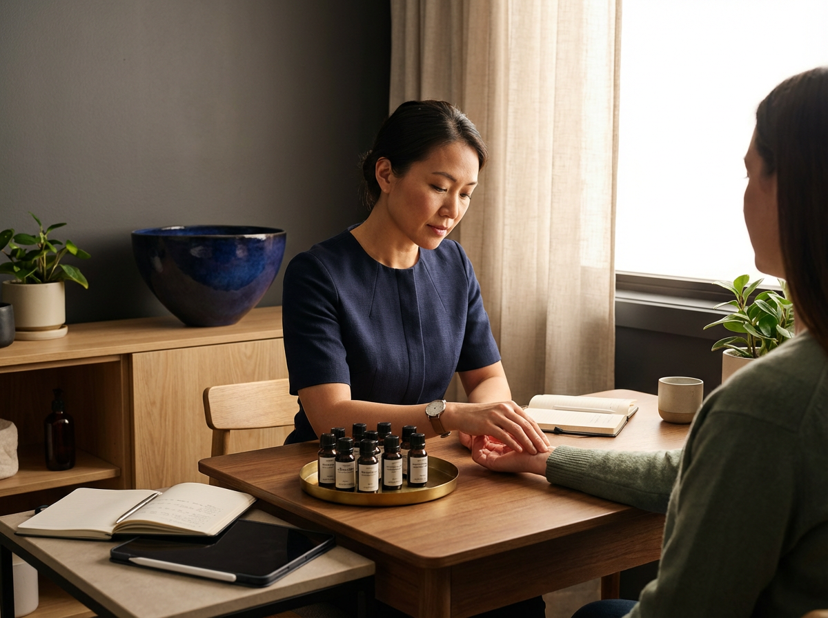 A woman sitting at a wooden table during a consultation, testing essential oils on a client's hand, with matters on notebooks and a tray of small essential oil bottles on the table.