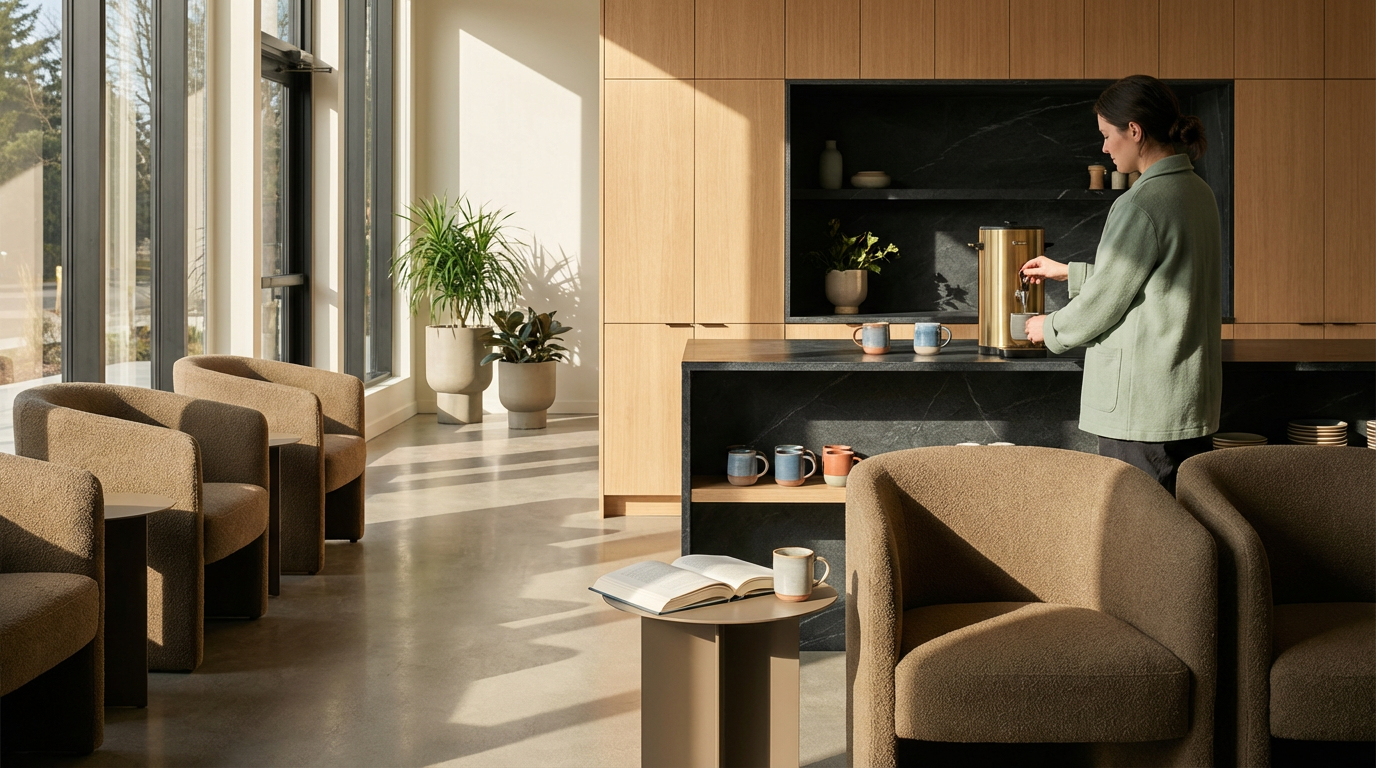 Woman in gray sweater preparing coffee in a modern bright lounge with armchairs, potted plants, large windows, and minimalist decor.