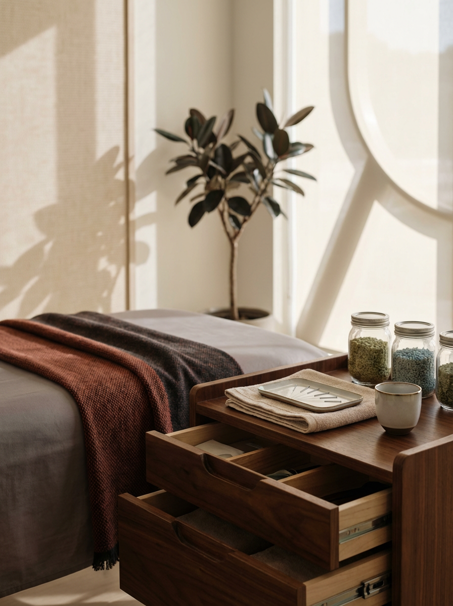 A neatly made bed with a dark brown and rust-colored throw blanket draped over it, next to a wooden bedside table containing jars of herbs or spices, a cup, and a plate, with a potted plant and a decorative mirror on the wall in the background.