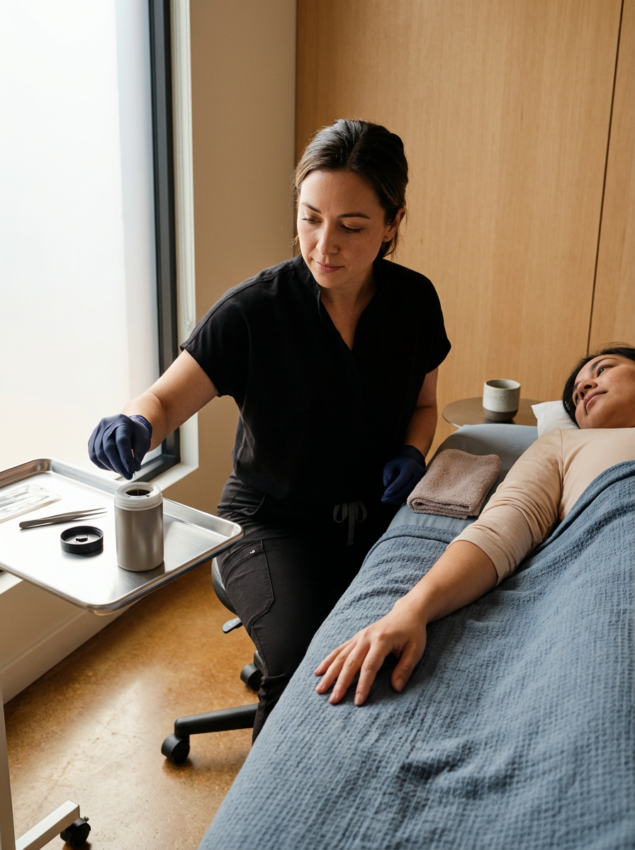 A healthcare professional in black scrubs and gloves attending to a patient lying in a hospital bed, with a tray of medical supplies nearby.