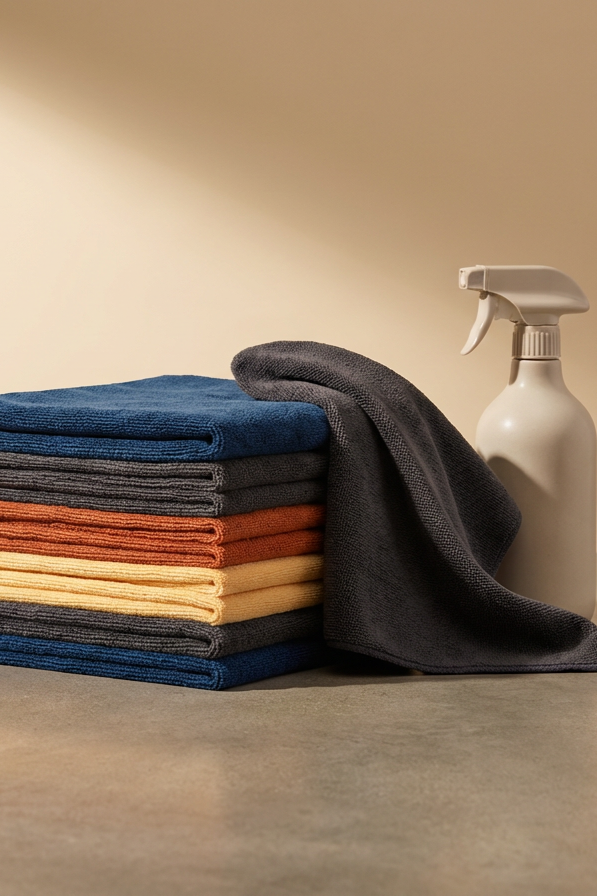 Stacked folded towels in different colors beside a spray bottle and a dark gray towel on a neutral surface.