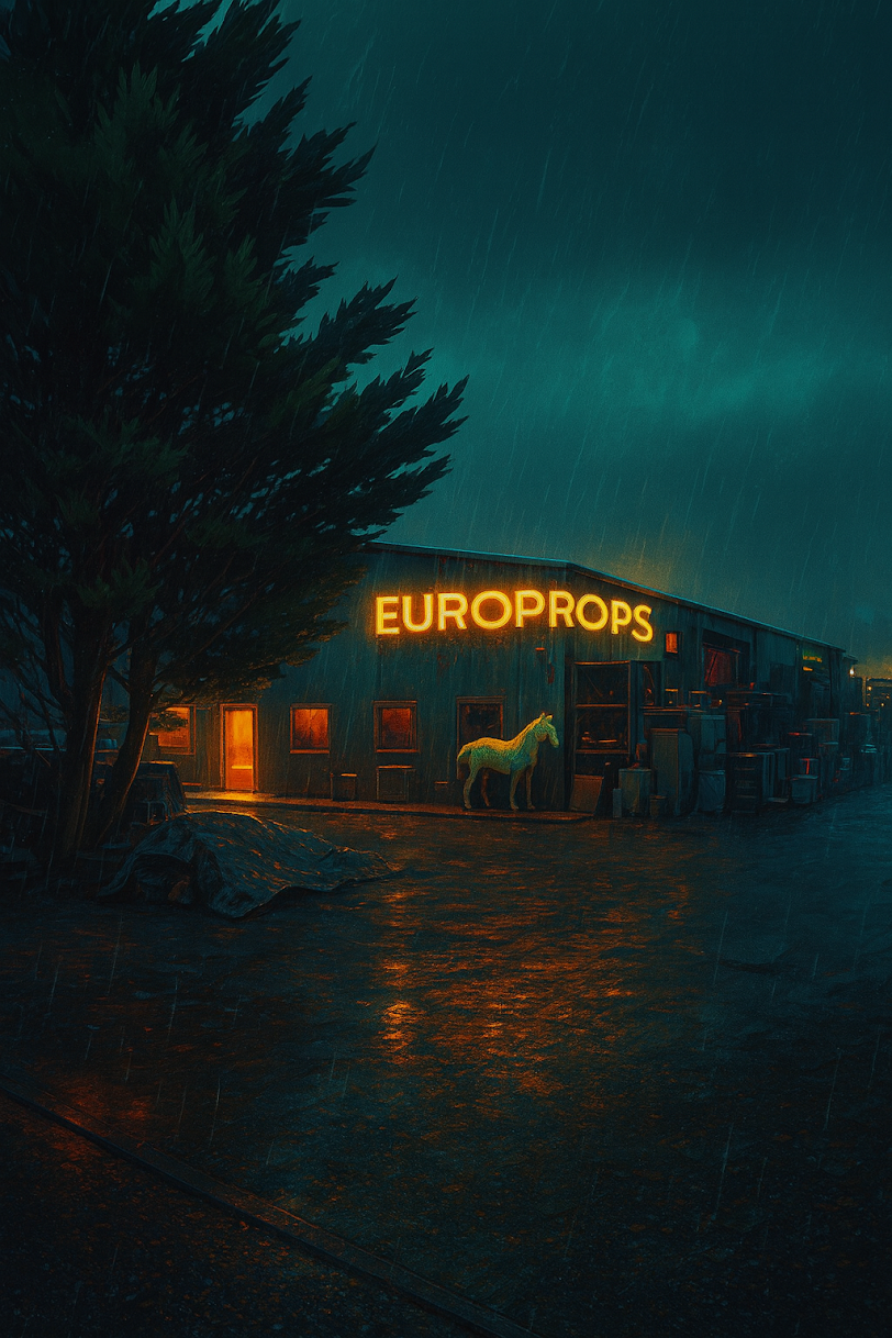 Nighttime scene of a building with a neon sign that reads 'EURO PROPS,' a white horse statue outside, and rain falling on a wet ground.