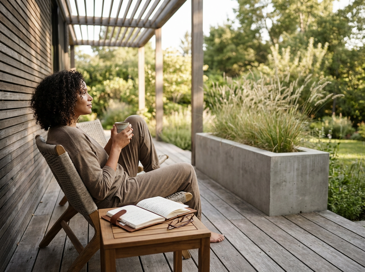 A woman sitting on a wooden deck outside, leaning against a house wall, holding a mug, with an open book and glasses on a small table nearby. She is relaxing in a backyard garden with lush green trees and plants.