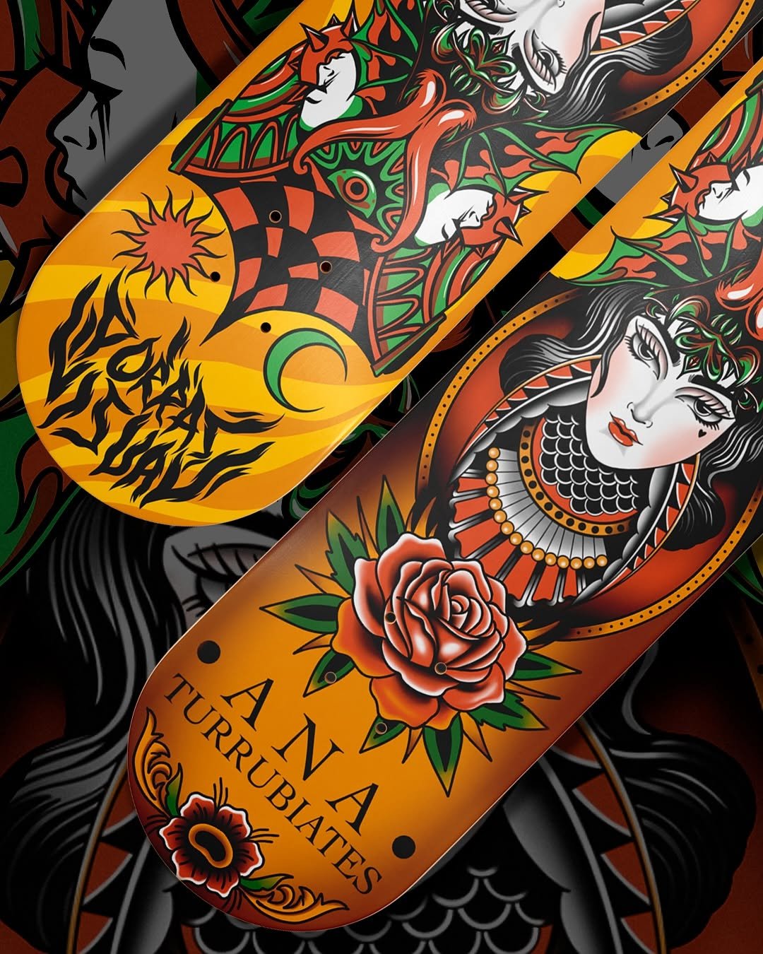 Girl head and rose skateboard