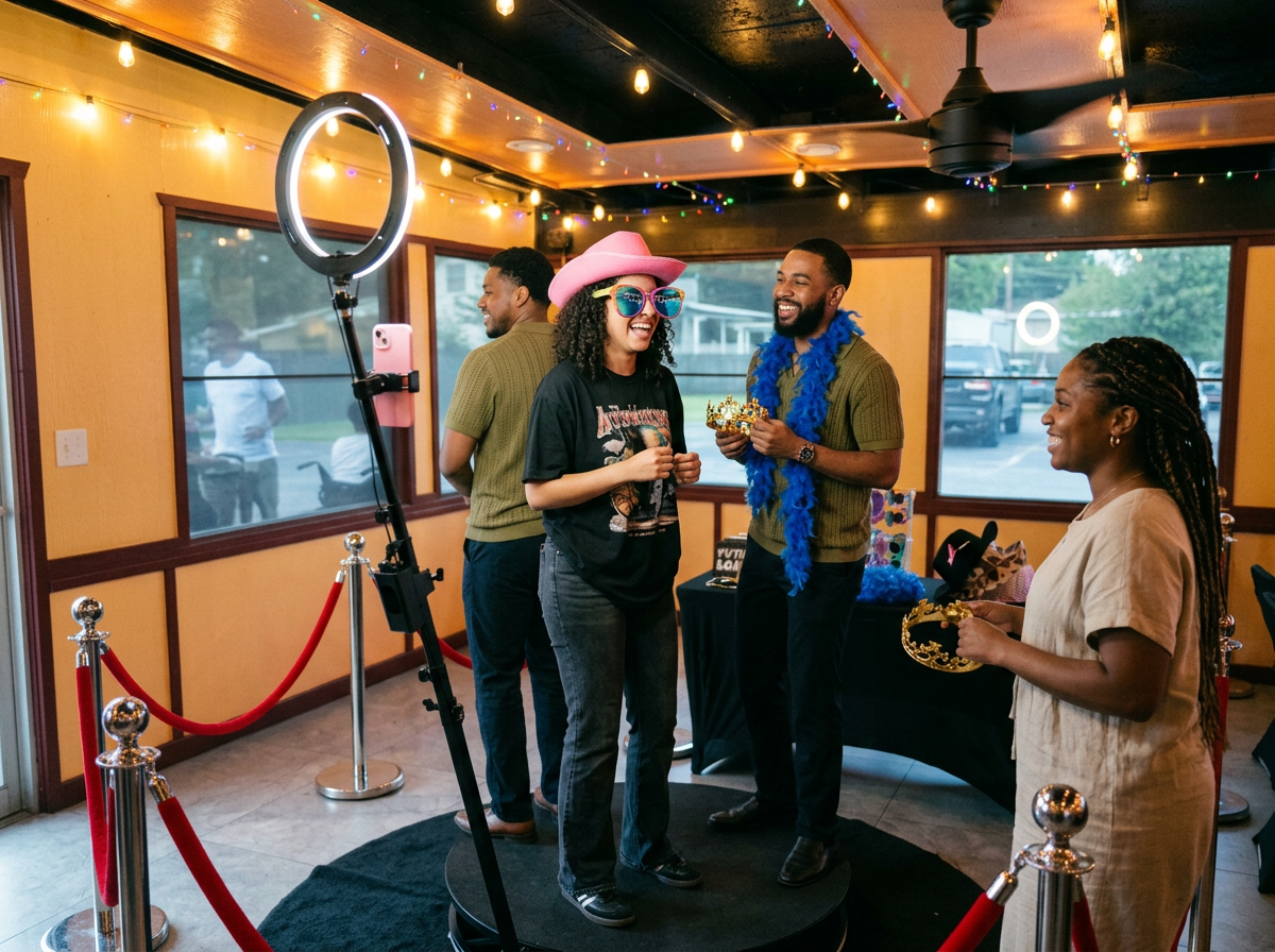 Group of four people at a celebration, one woman with a pink hat and sunglasses, one man with a blue feather boa, holding a crown, and a woman with braids holding a band, in a decorated room with string lights, a ring light, and a pink show.