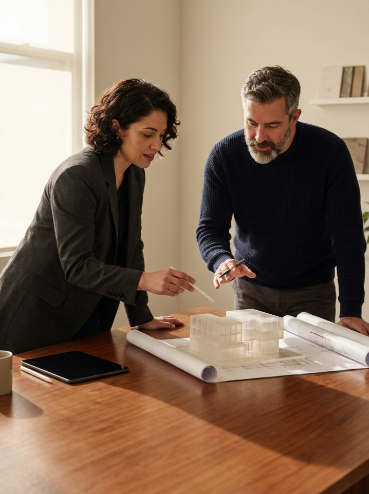 A collaborative meeting where a man and a woman are examining an architectural model and blueprints on a wooden table.