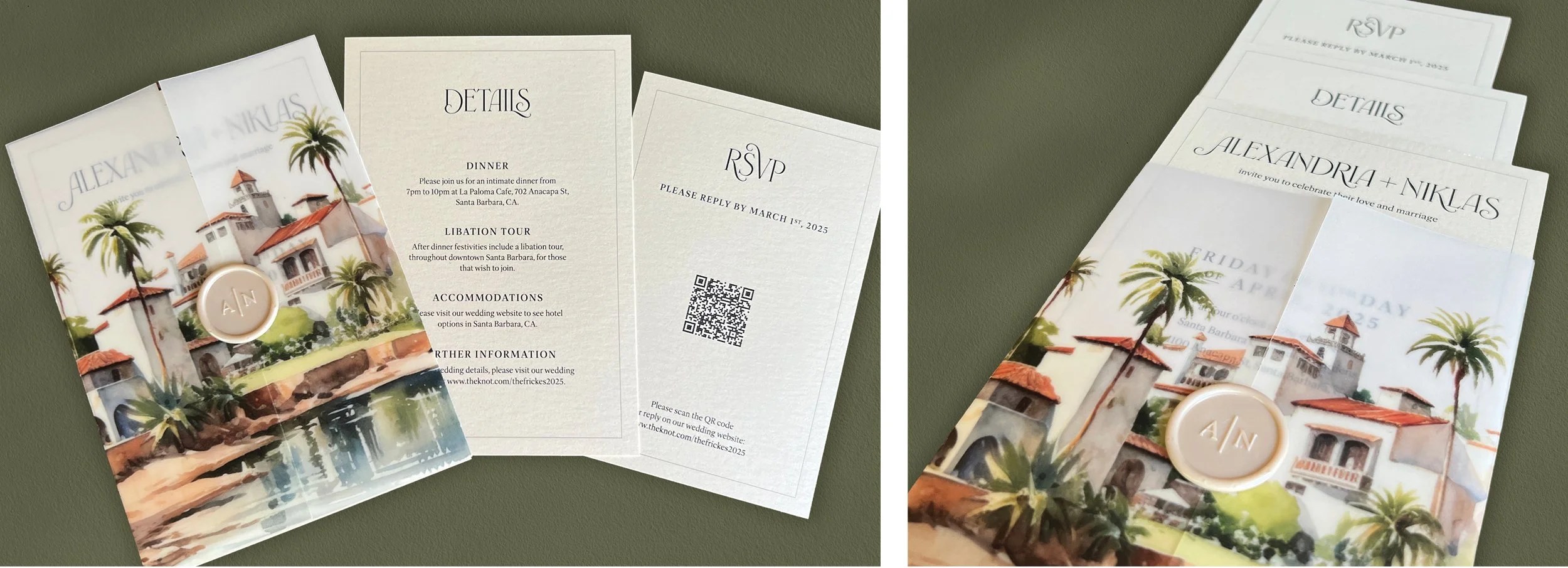 Wax sealed vellum and pearlescent wedding invitation