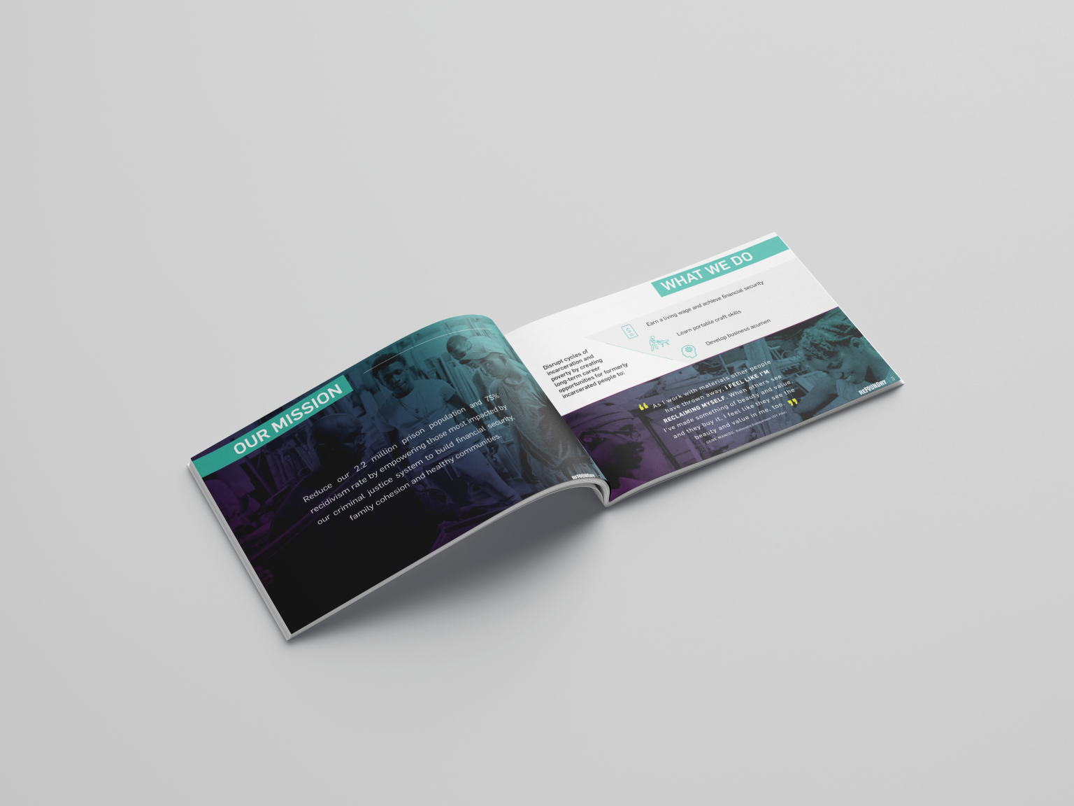 Open brochure with sections titled "Our Mission" and "What We Do" displaying text and images on a white surface.