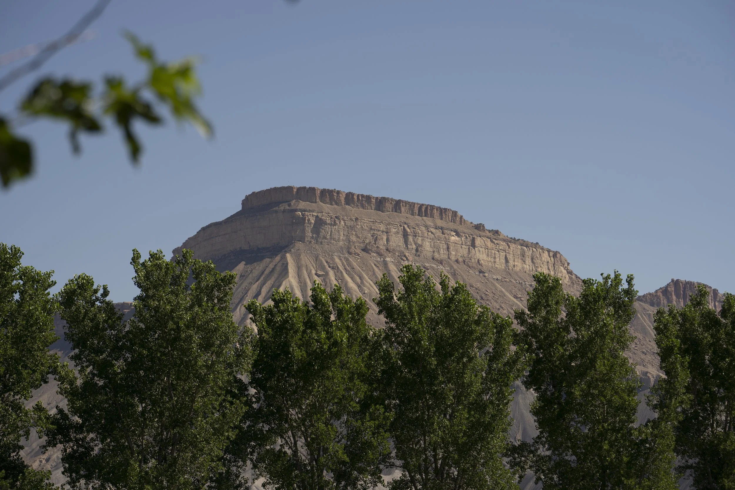 A photo of a mountain with layered rock formations, partially obscured by green trees in the foreground, under a clear blue sky.
