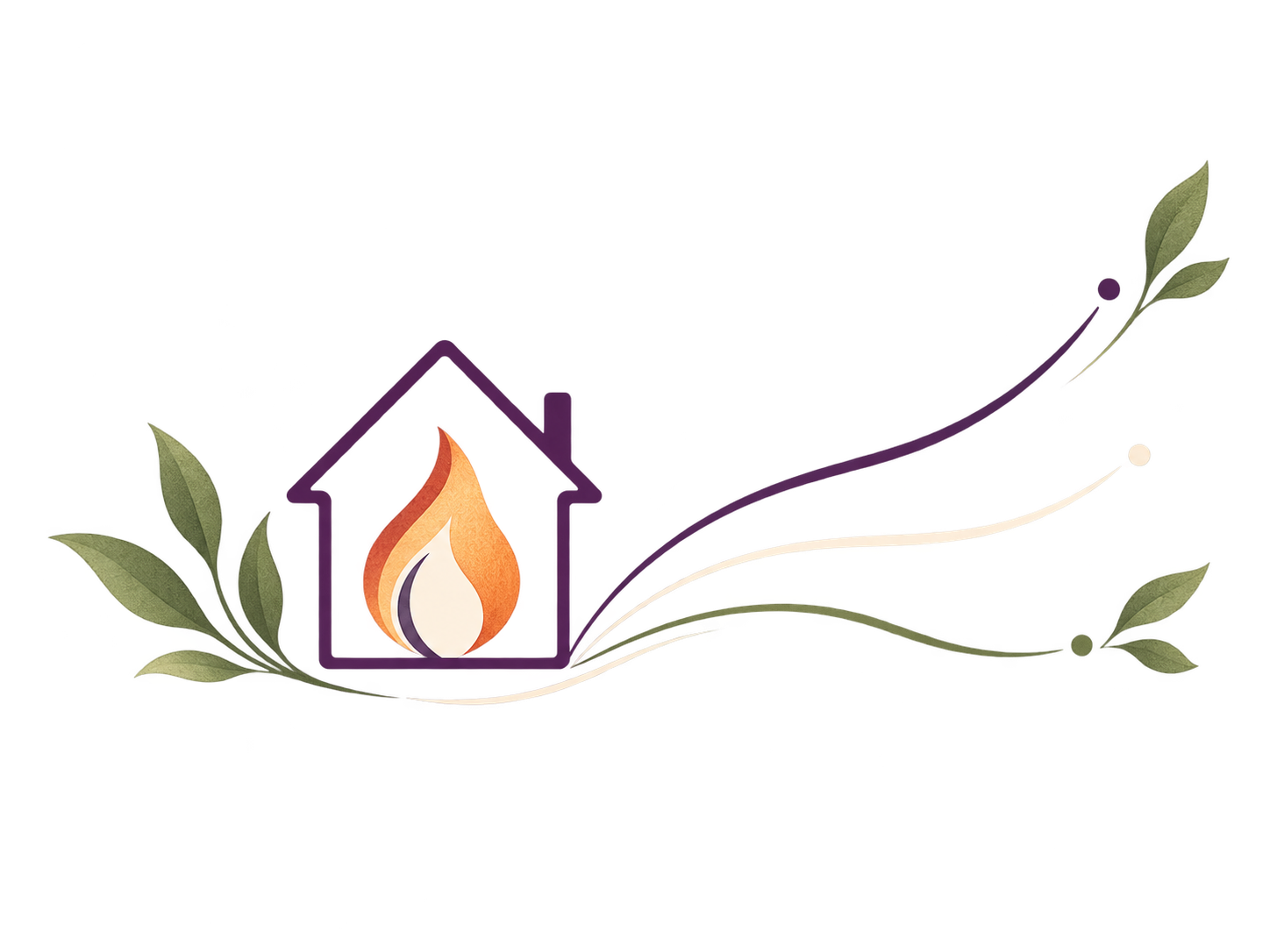 A stylized logo featuring a house outline with a flame inside, surrounded by green leaves and a purple upward arrow line.