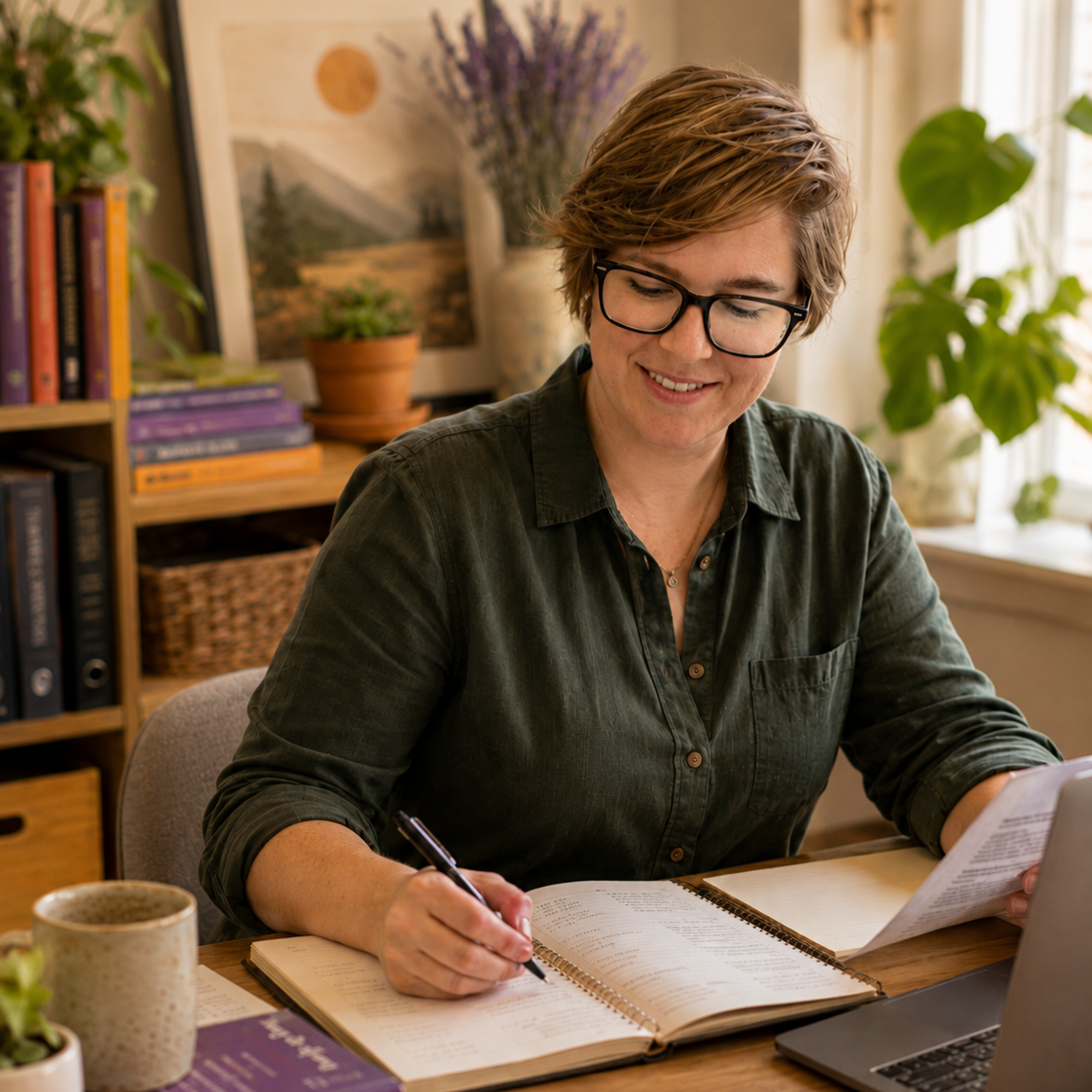 A woman with short, light brown hair and glasses, smiling while studying at a desk with an open notebook and a laptop, surrounded by plants and books.
