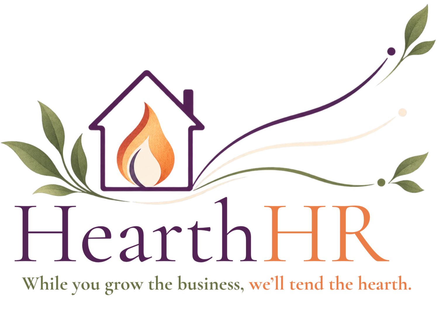 Logo for Healing Fire, featuring a house outline with a flame inside, surrounded by olive branches, and colorful text underneath.