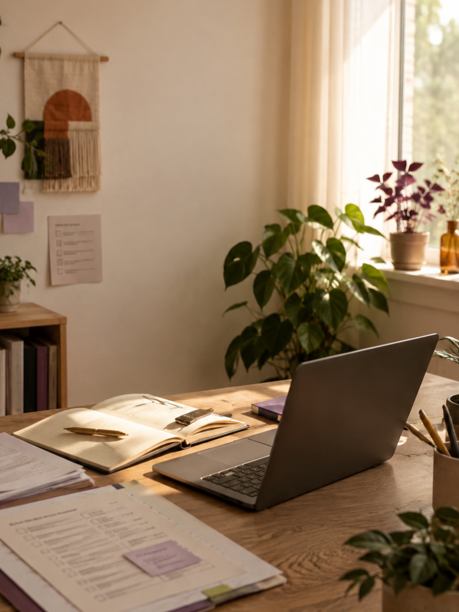 A tidy home office with a wooden desk, open notebooks, a laptop, and various papers. Sunlight streams in through a window, illuminating potted plants and wall art.