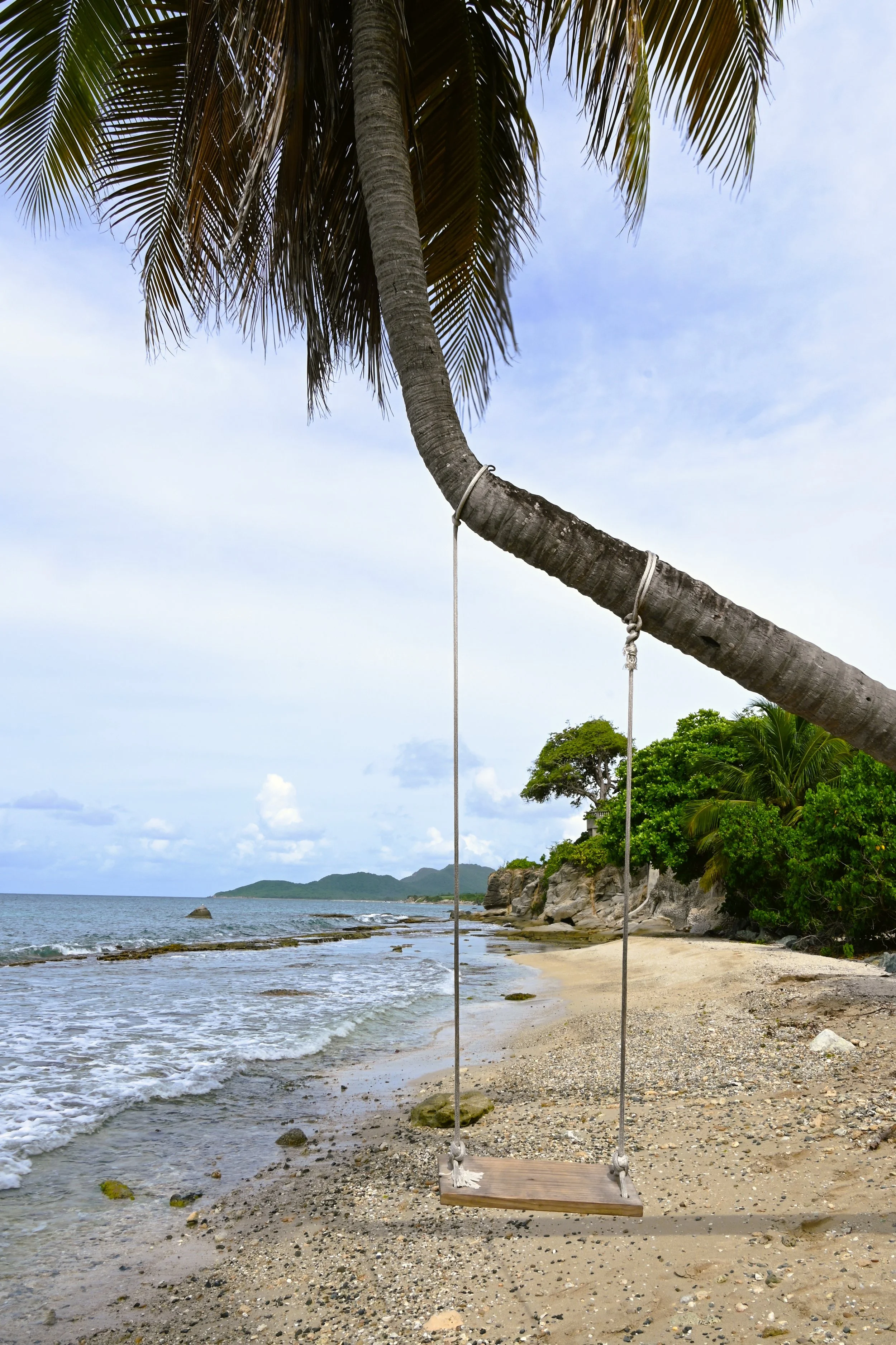 A swing hanging from a palm tree overlooking a beach with rocky shoreline, water, and distant land with hills.