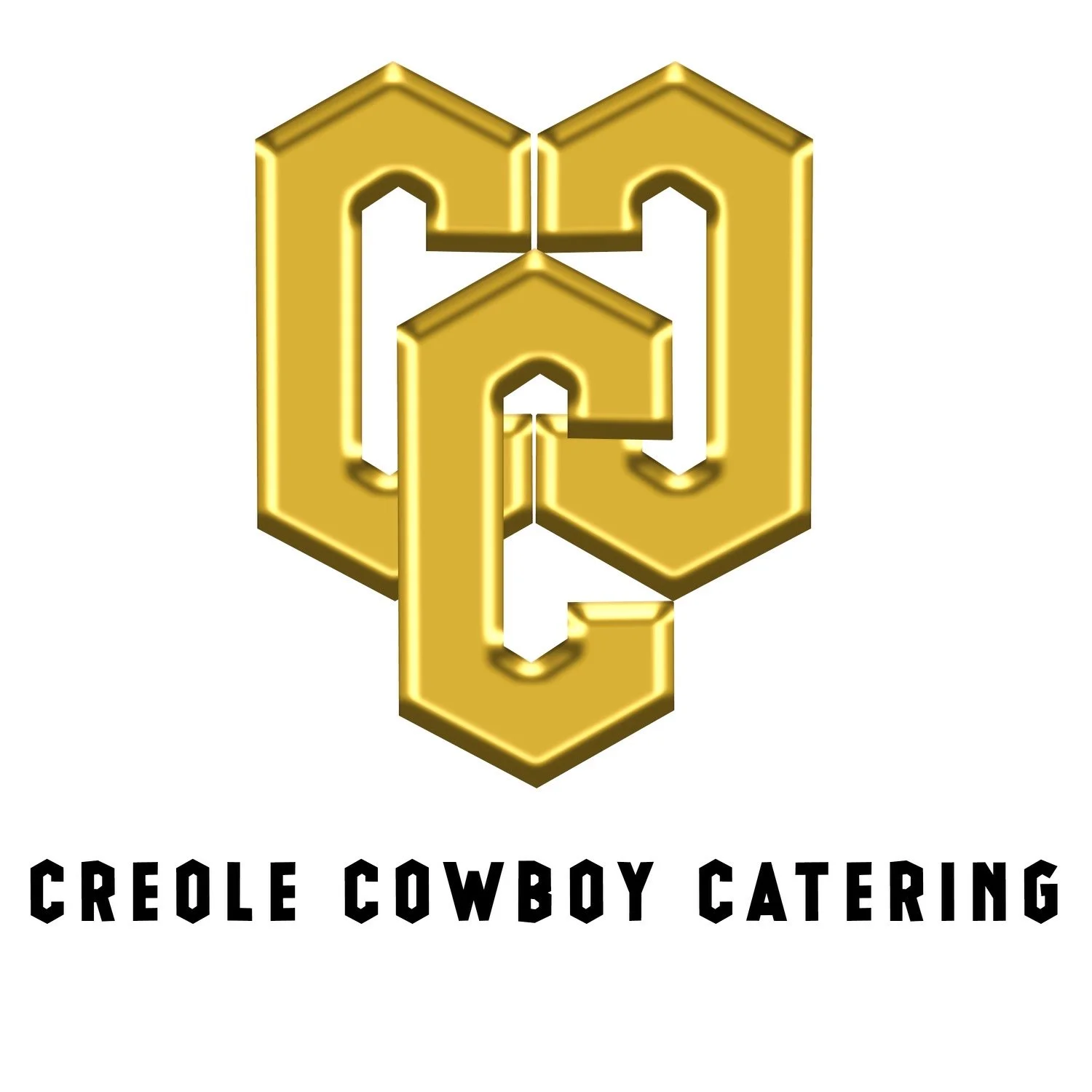 A logo featuring three interconnected gold cowboy hats arranged in a blocky, stylized design. Below the logo, the text reads "Creole Cowboy Catering" in bold, black, all-capital letters.