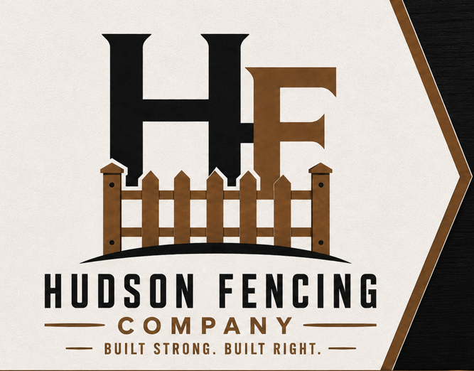 Logo for Hudson Fencing Company featuring a wooden fence and large black and brown letters 'HF'.