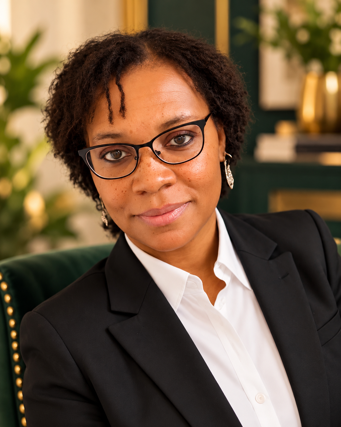 A woman with short curly hair, wearing glasses, a white blouse, and a black blazer, sitting on a green chair in an elegant room with green and gold decor, looking at the camera.