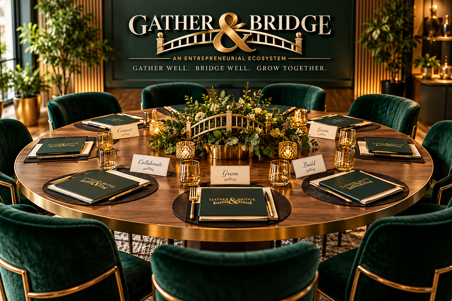 Round conference table set for a meeting or event, with green chairs, gold accents, and decorative greenery centerpiece, in a room with a large sign reading 'Gather & Bridge' and the tagline 'Gather Well. Bridge Well. Grow Together.'