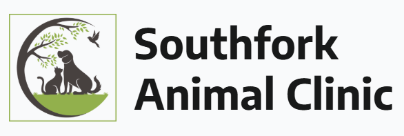 Logo for Southfork Animal Clinic featuring a tree, a dog, a cat, and a bird inside a circle with the clinic name next to it.