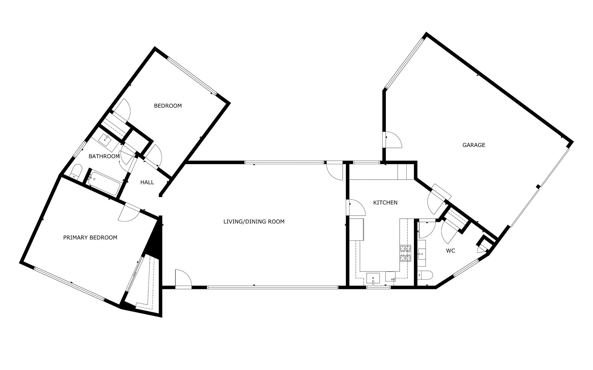 Floor plan of a house showing various rooms including a primary bedroom, bedroom, bathroom, hall, living/dining room, kitchen, WC, and garage.