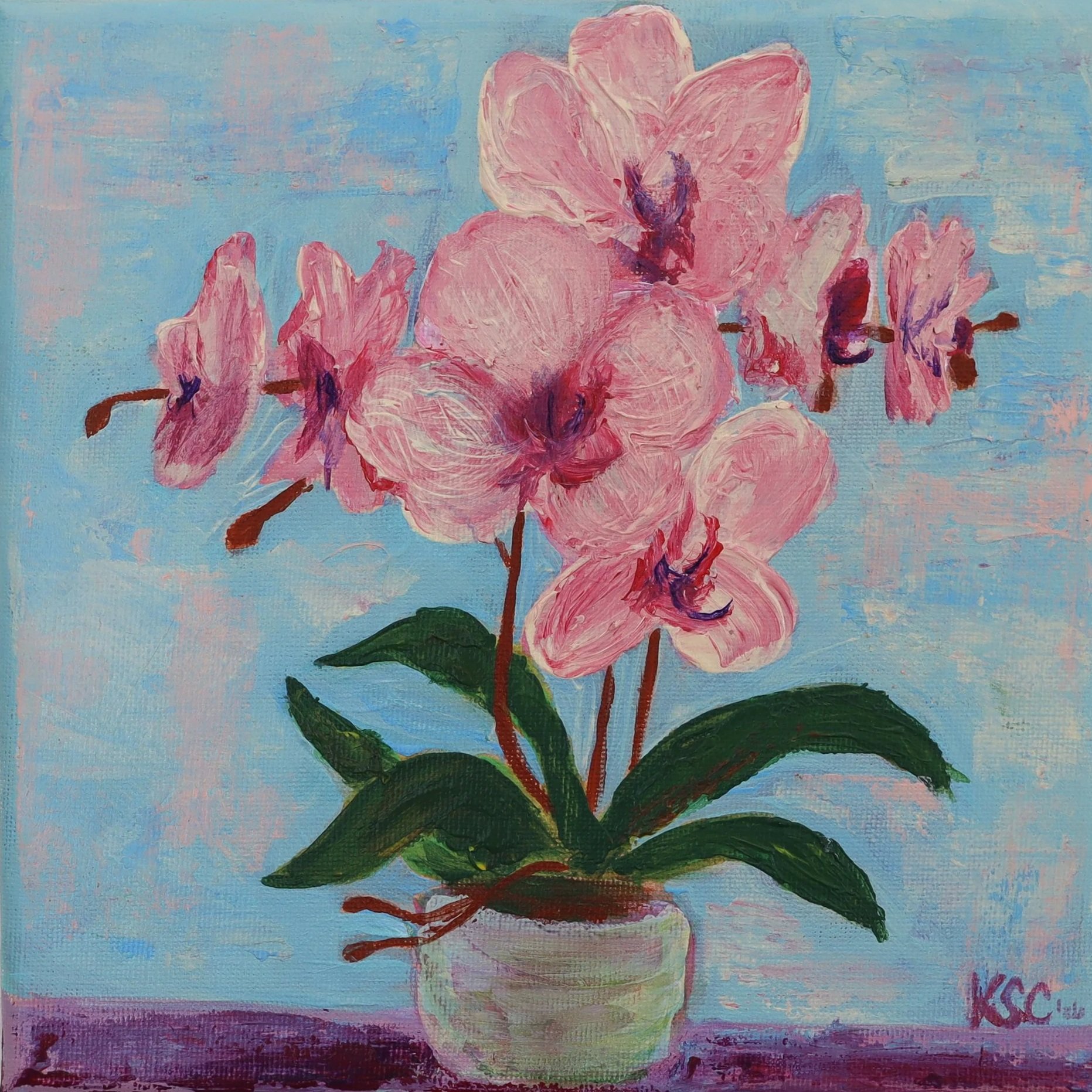Abstract painting of pink flowers with green leaves against a blue background.