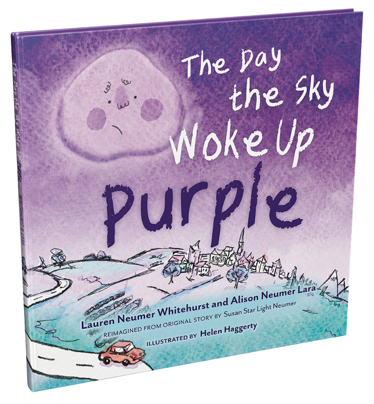 A children's read-aloud picture book titled 'The Day the Sky Woke Up Purple' by Lauren Neumer Whitehurst and Alison Neumer Lara, with cover featuring a purple sky, a winding road, and a car, illustrated in a whimsical style.