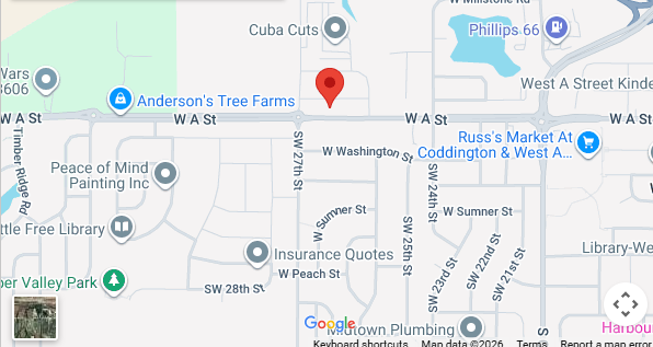 Map showing locations of businesses and streets in a neighborhood, including Anderson's Tree Farms, Phillips 66, and Russ's Market at Coddington and West A.