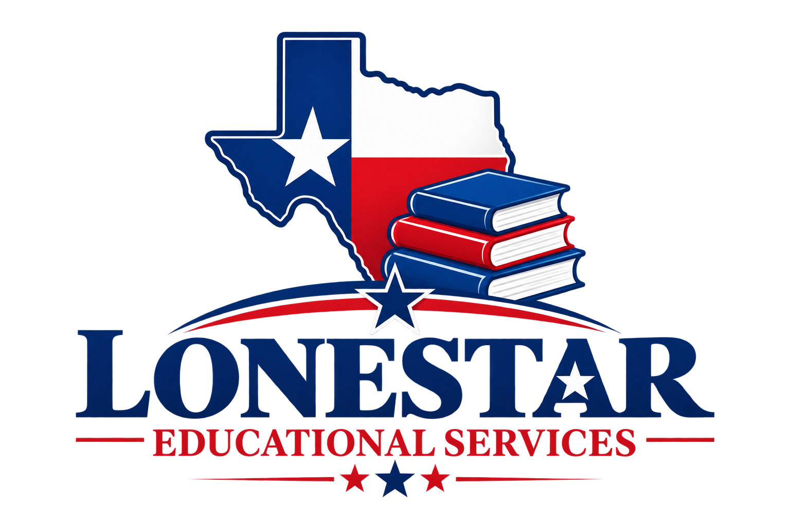 Logo featuring the outline of Texas filled with the Texas flag. A stack of three books with red, white, and blue covers is to the right. Below, the text reads "LONE STAR EDUCATIONAL SERVICES" with small stars around.