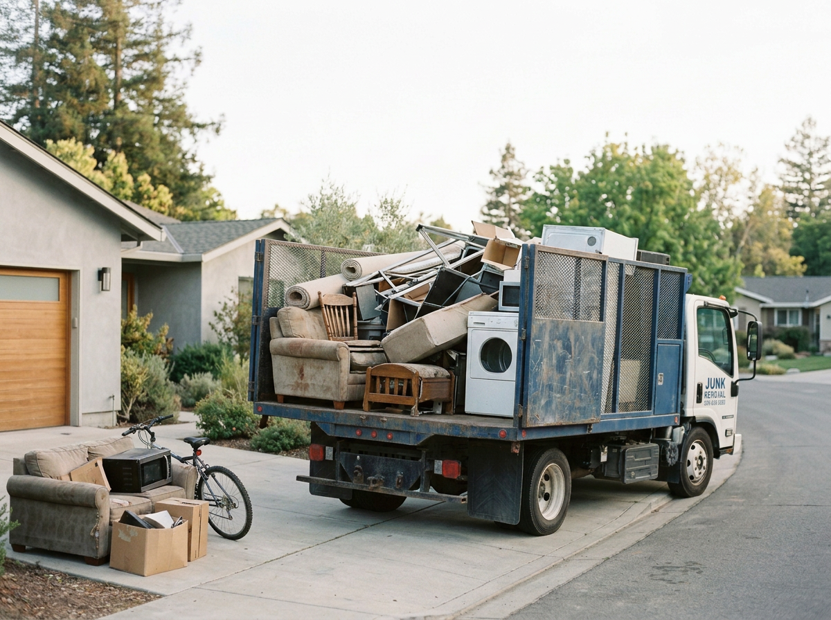 A junk removal truck parked in a residential neighborhood with discarded furniture, appliances, and household items in the truck bed and on the driveway, including couches, chairs, a microwave, and boxes.