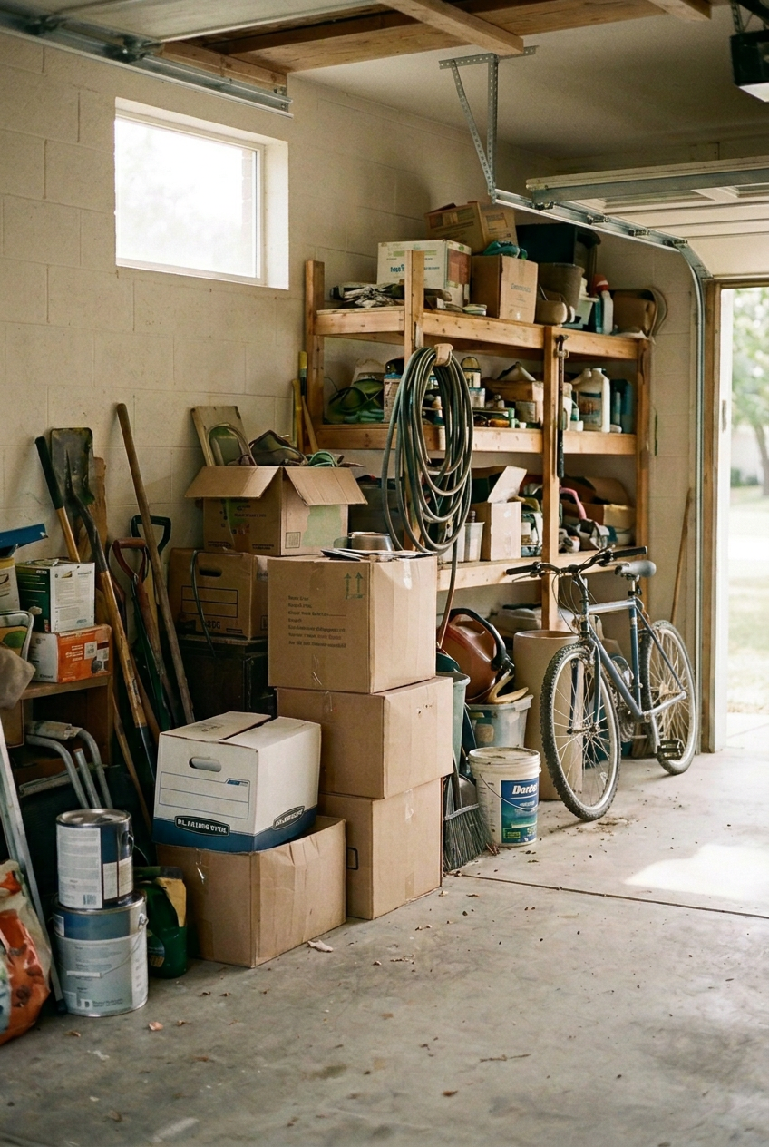A cluttered garage with shelves filled with boxes, tools, and hoses, a bicycle leaning against the wall, and boxes and cans stacked on the floor.