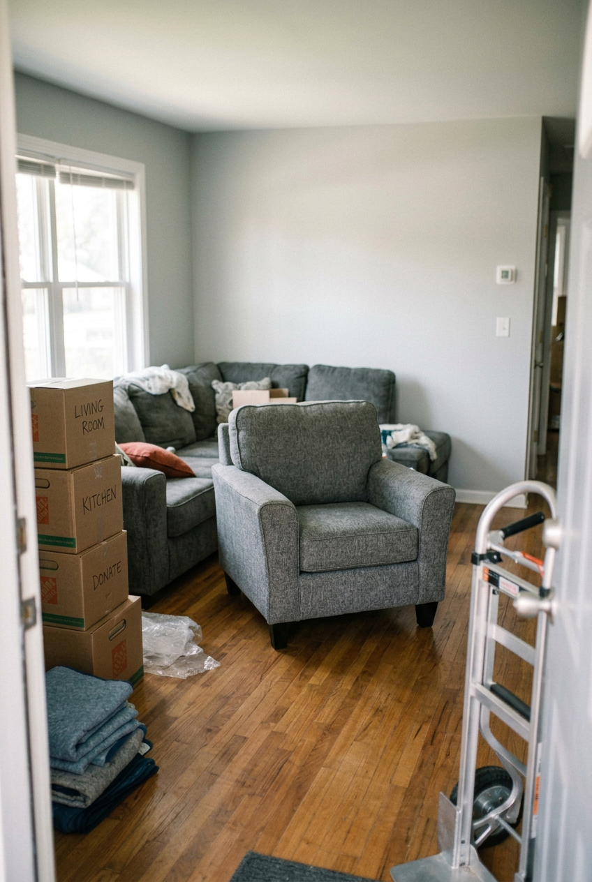 Living room with a gray upholstered armchair, a gray sofa with pillows, and boxes labeled 'Living Room,' 'Kitchen,' and 'Donate' stacked in the corner. There are folded blankets and a window on the left, with a wooden floor and a doorway on the right.