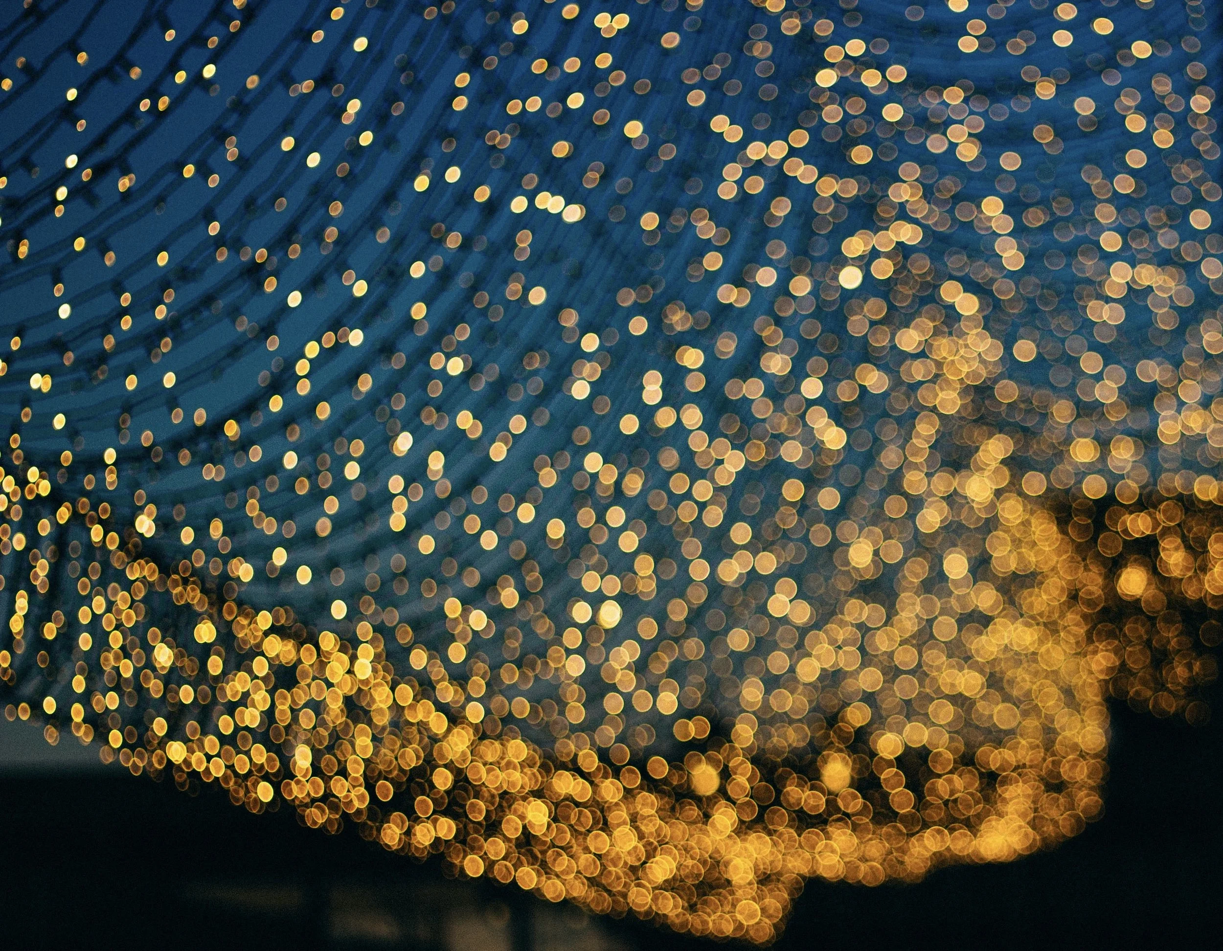 Blurred golden string lights hanging against a dark blue background, creating a bokeh effect.