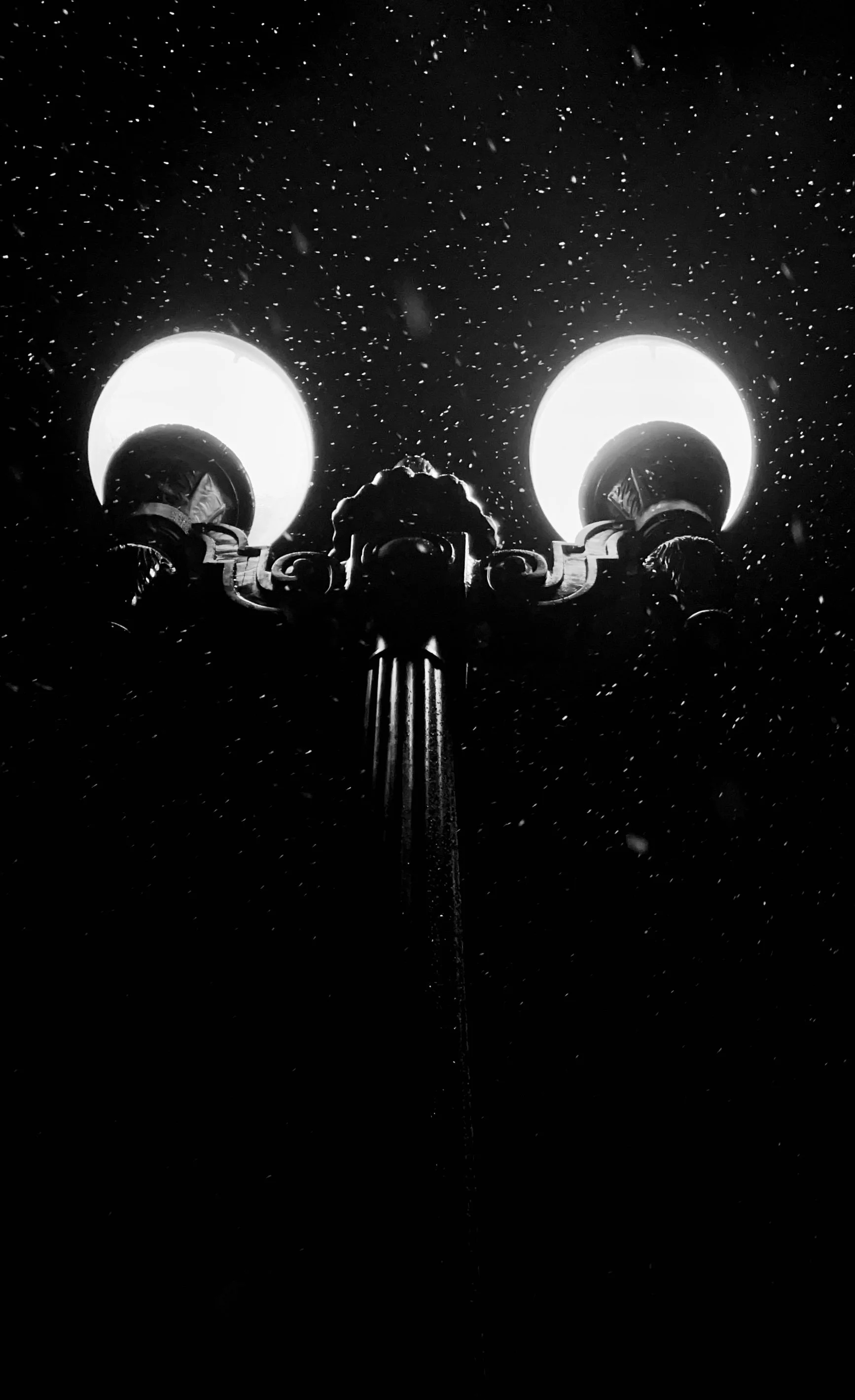Black and white photo of a vintage street lamp with two illuminated globes at the top, against a dark sky filled with falling snowflakes.