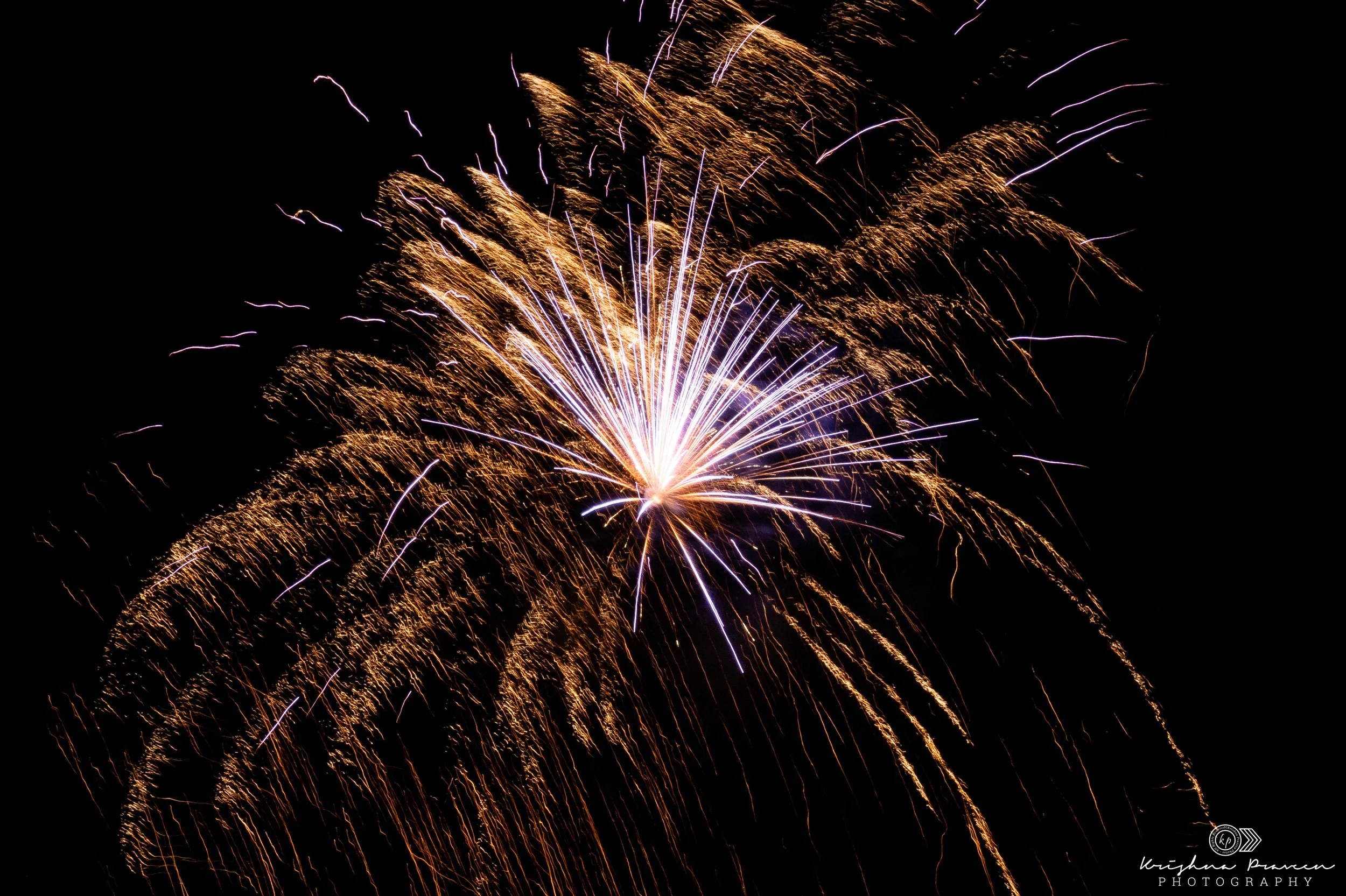 Fireworks exploding in the night sky with streaks of gold and purple lights.
