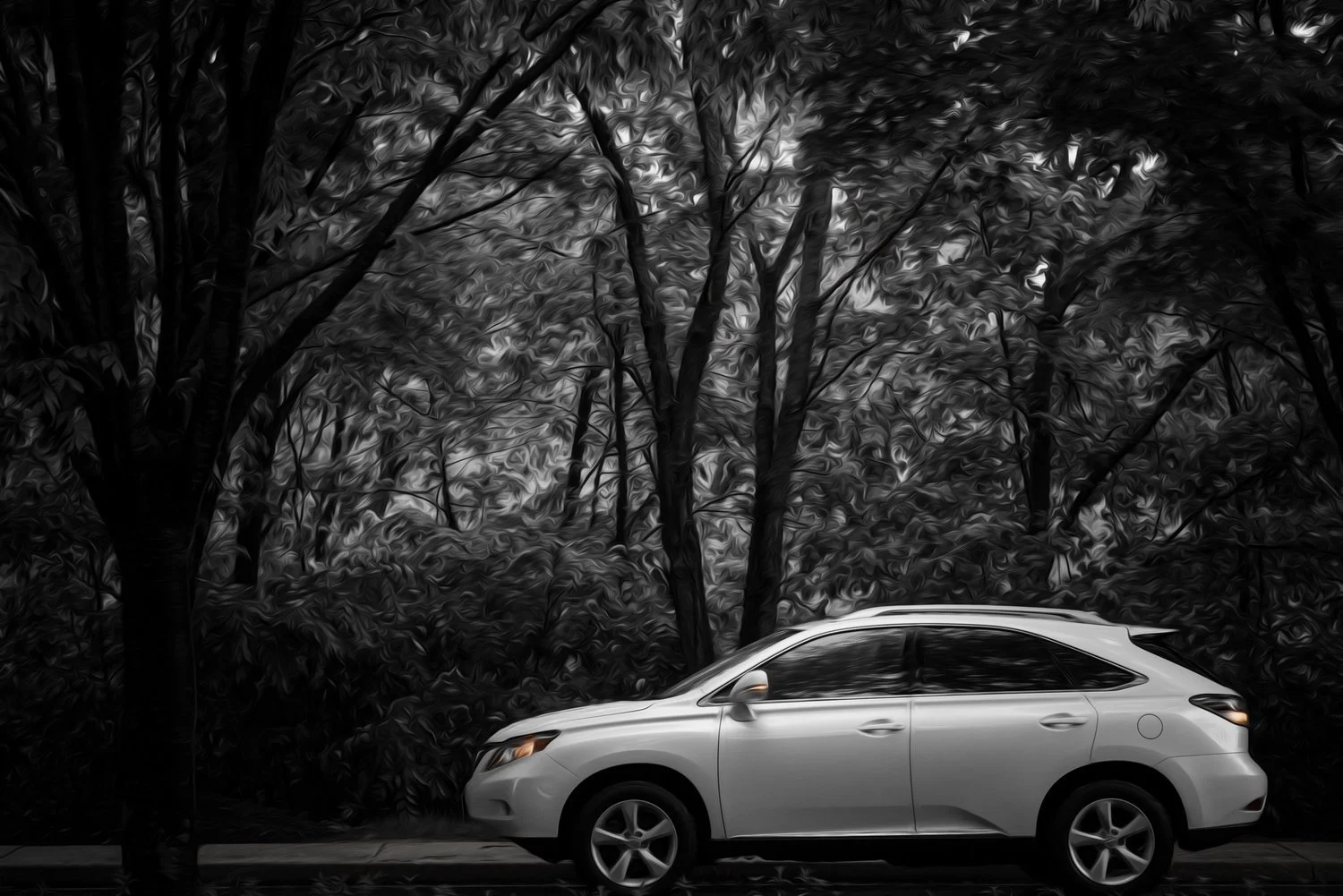 A white car parked on the side of a road with trees in the background, depicted in a stylized, swirling, black-and-white art style.