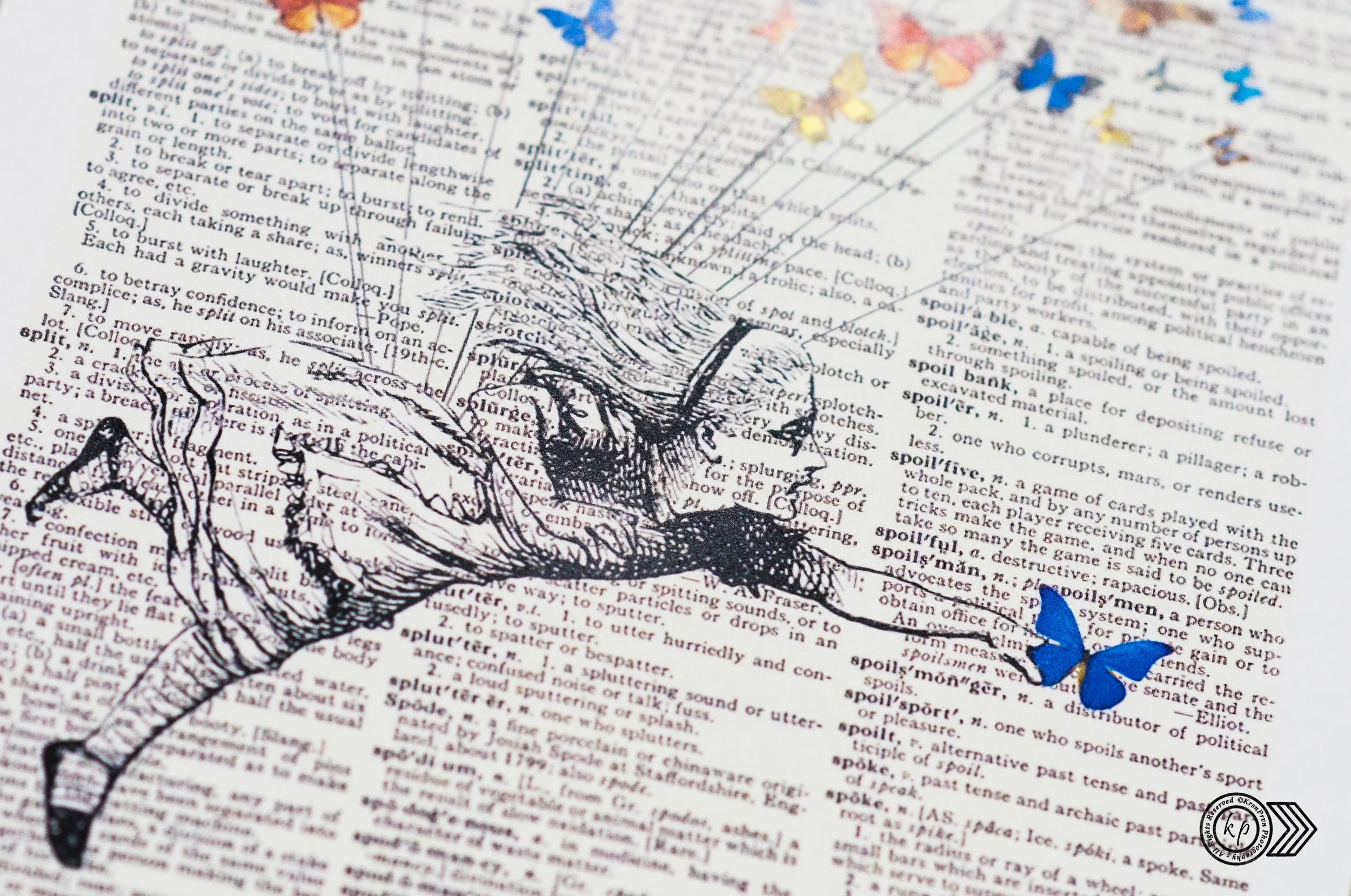 A detailed illustration of a flower is overlaid on a background of printed text, with several small blue butterflies scattered across the image.