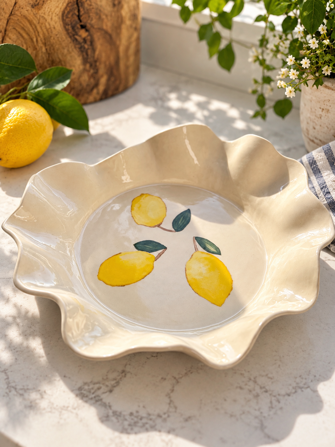 Hand-Painted Lemon Ruffle Bowl