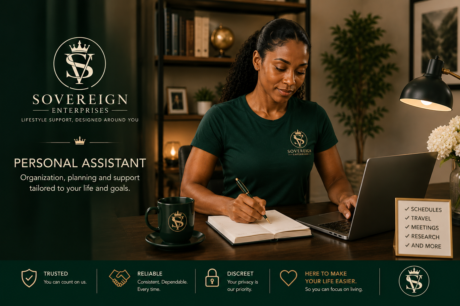 A woman sitting at a desk with a laptop, notebook, and coffee mug, working in a cozy, well-lit office. She is wearing a dark green t-shirt with the Sovereign Enterprises logo, surrounded by books and decorative items.