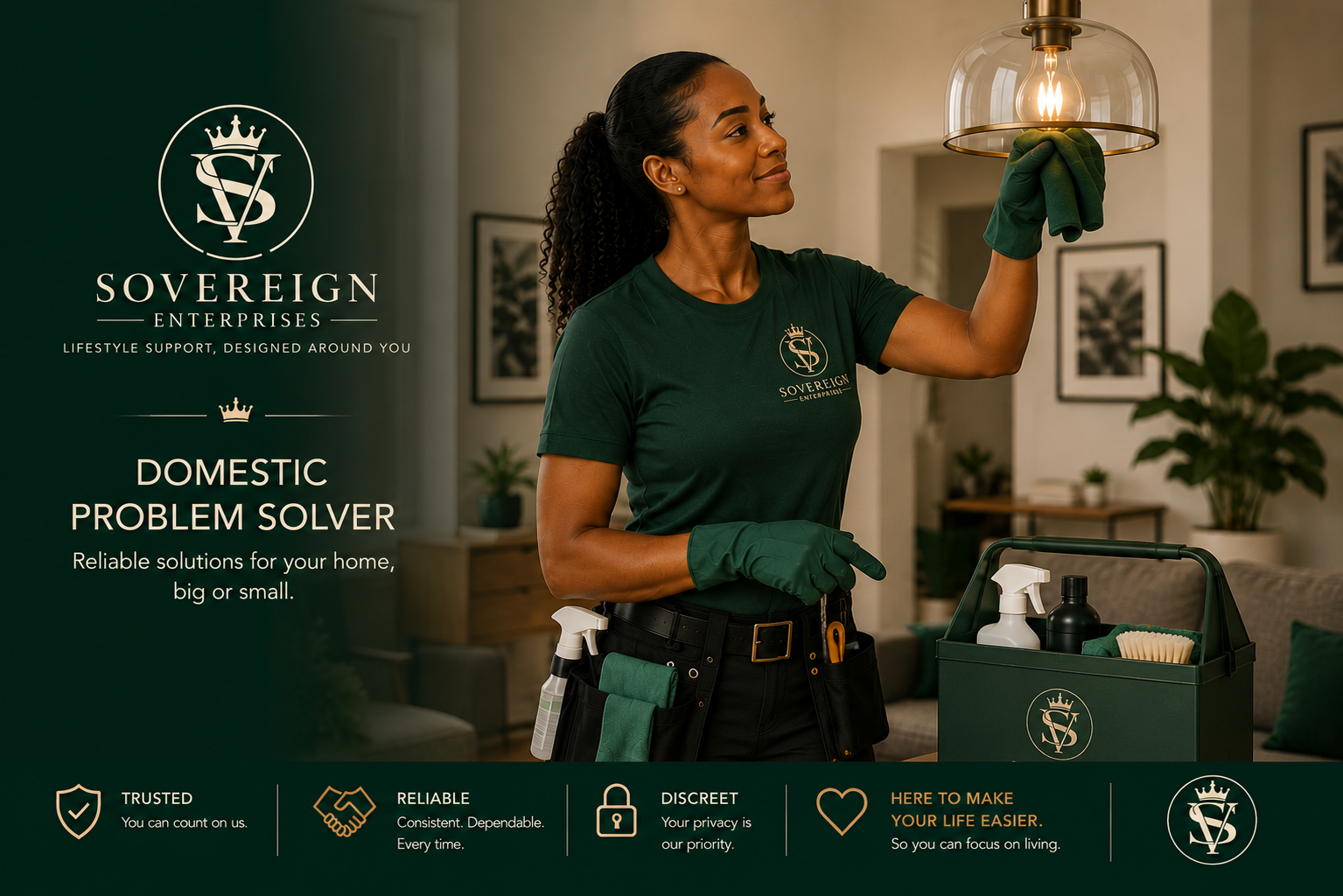 Woman in green gloves cleaning a light fixture in a living room, with cleaning supplies in a green container, advertising Sovereign Enterprises cleaning services.