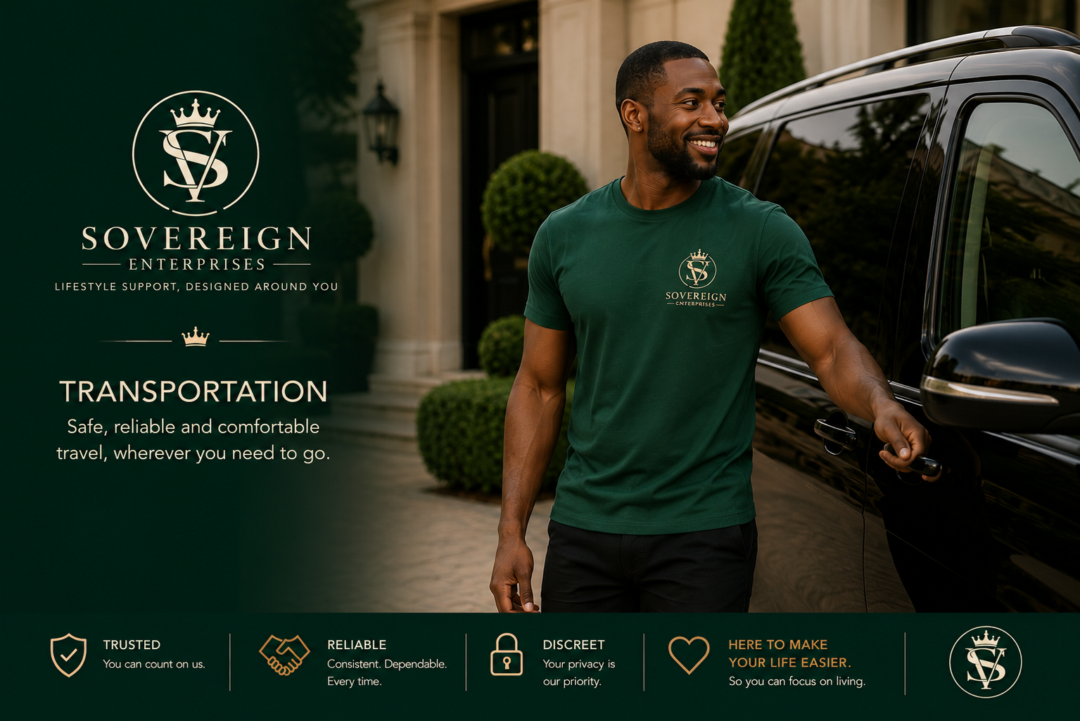 A man in a green Sovereign Enterprises t-shirt standing beside a black vehicle, smiling, with a luxury building in the background, promoting transportation services.