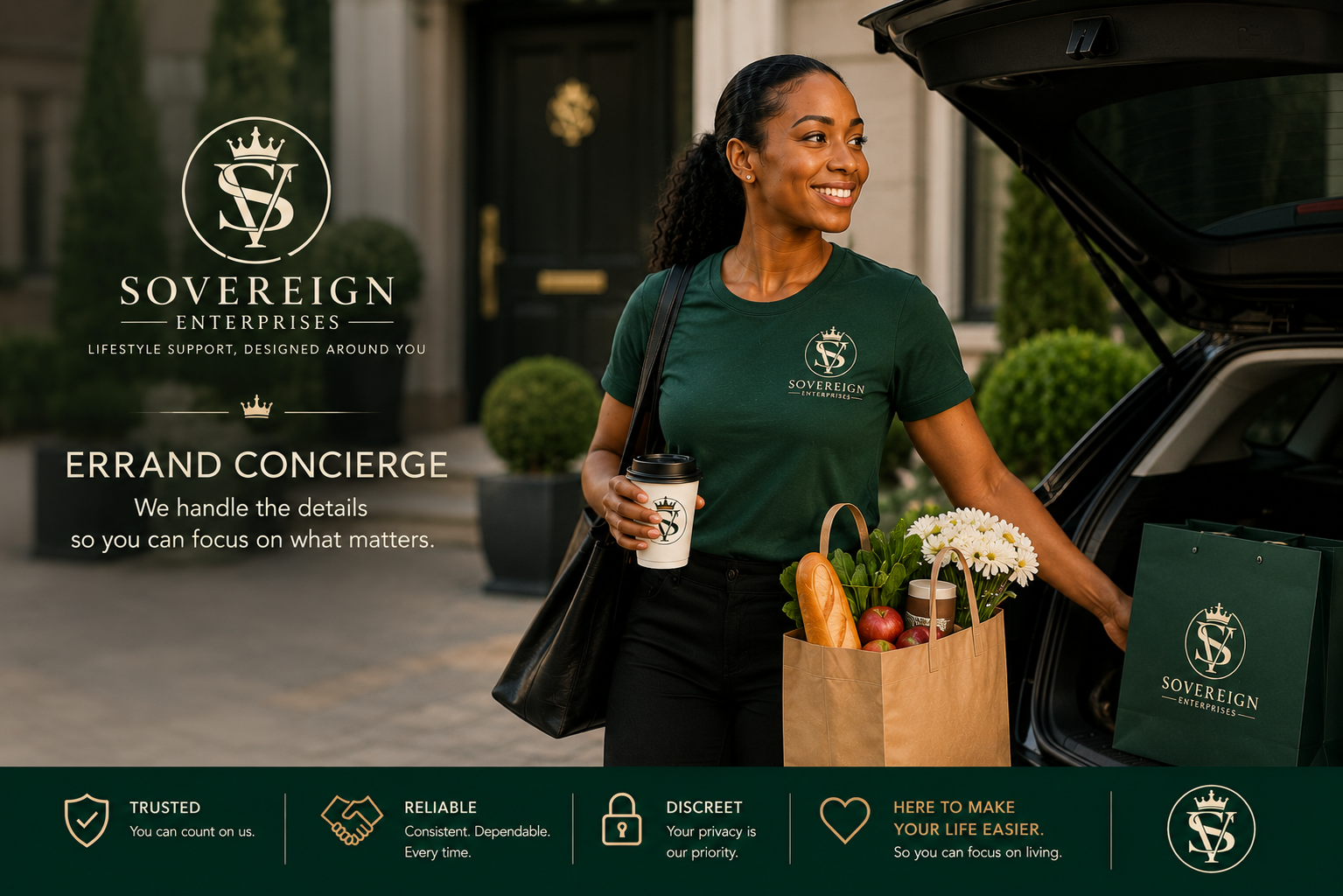 A smiling woman in a dark green T-shirt with the Sovereign Enterprises logo, holding a coffee cup and standing next to an open trunk with a grocery bag filled with flowers, bread, apples, and other items, outside a building.