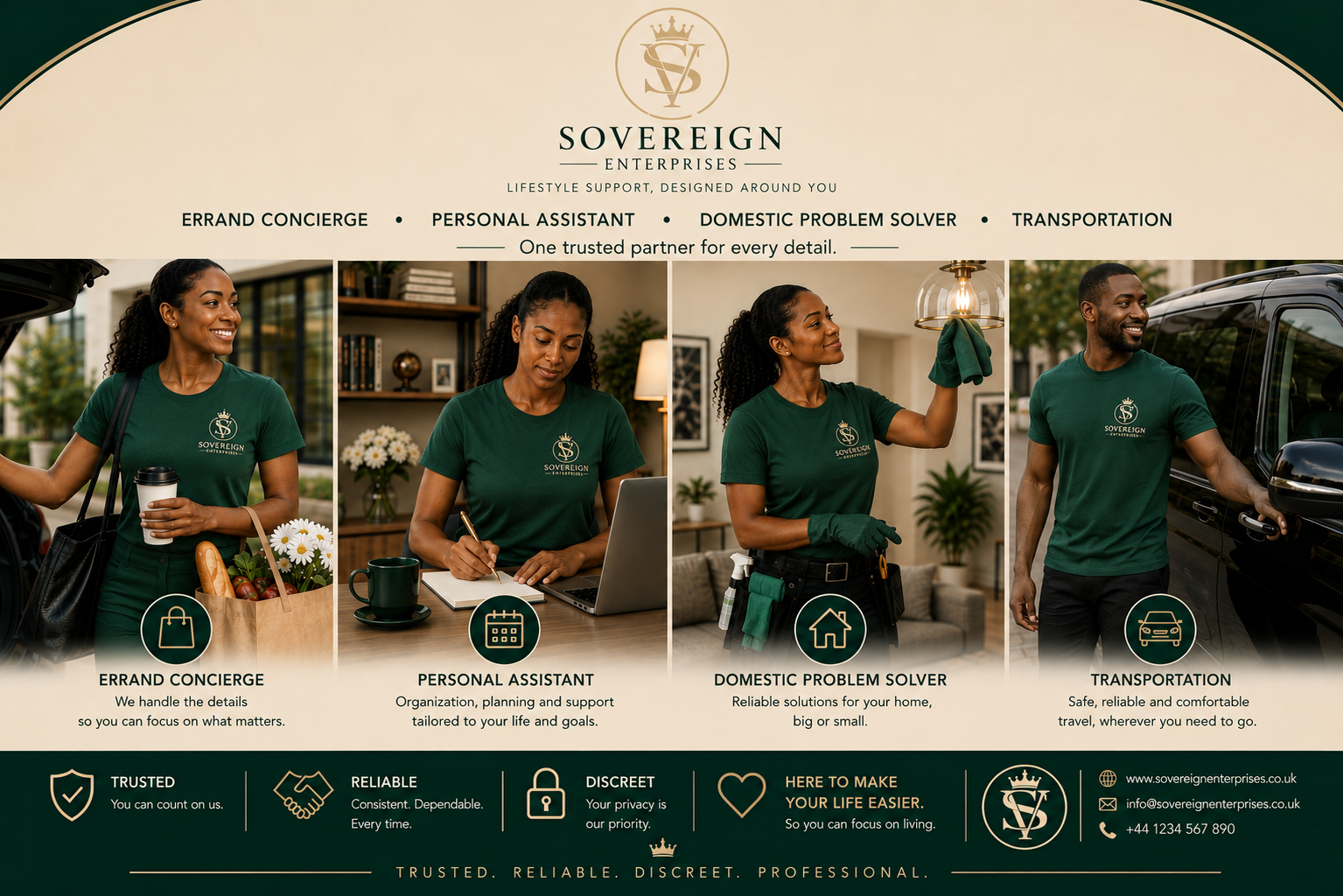A promotional banner for Sovereign Enterprises showing four employees in green shirts providing different services: errand concierge, personal assistant, domestic problem solver, and transportation. The banner includes icons and descriptions of each service and contact information at the bottom.