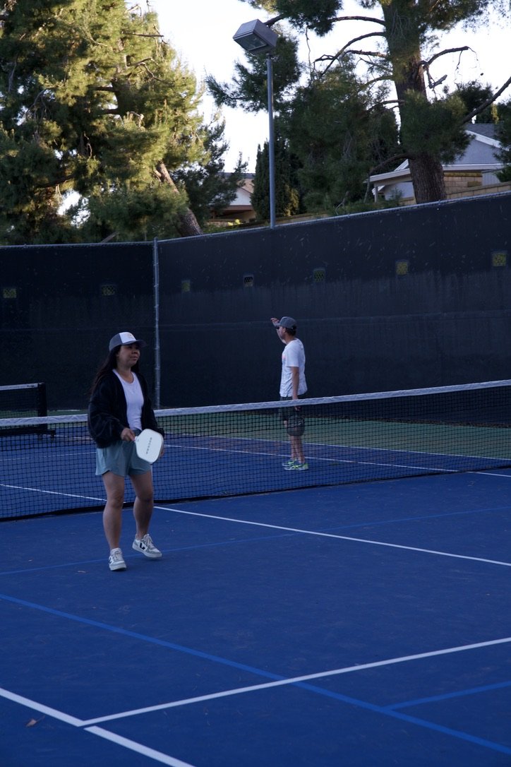 Two people on a blue tennis court, one holding a paddle, with trees and houses in the background, possibly in the evening.