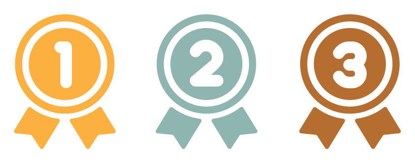 Illustration of three award ribbons numbered 1, 2, and 3, in gold, silver, and bronze colors.