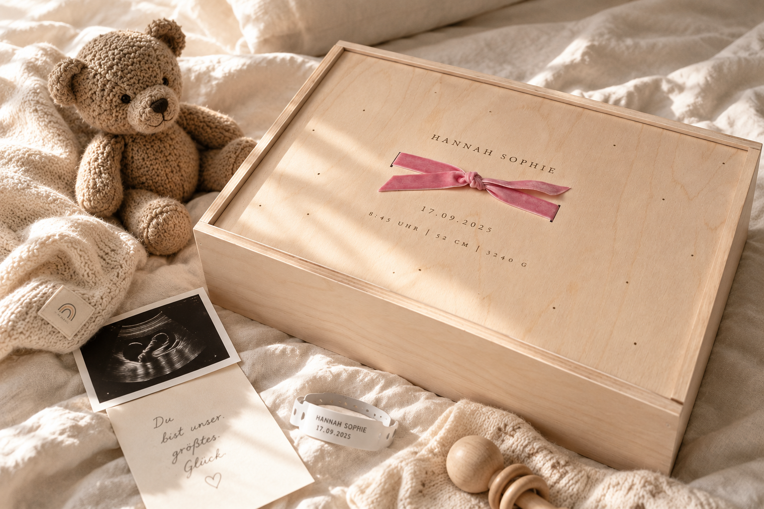 Ein Geburtspaket für ein Baby, bestehend aus einer Holzbox mit rosa Schleife, einem Stoff-Teddy, einem Ultraschallbild, einem Glückwunschbrief und einer Baby-Geschenkschleife, liegt auf einem beigen Bett.