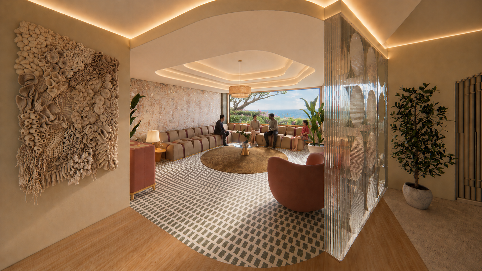 Modern hotel lobby featuring a circular seating area with four people engaged in conversation, large window with a view of trees and ocean, decorative wall art with shells, indoor plants, and stylish lighting.