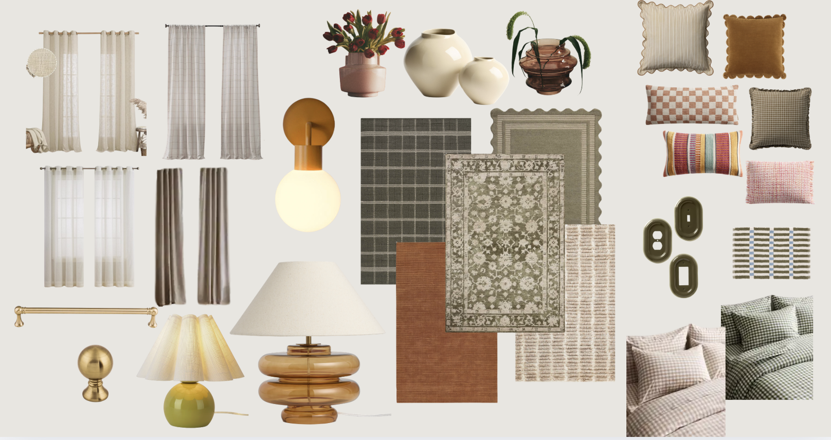 Collage of home decor items including curtains, vases, pillows, rugs, lamps, and decorative objects in neutral and earthy tones.