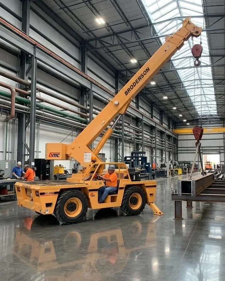 A yellow Broderson crane inside a large industrial warehouse with high ceilings, surrounded by metal pipes and equipment, with workers nearby.