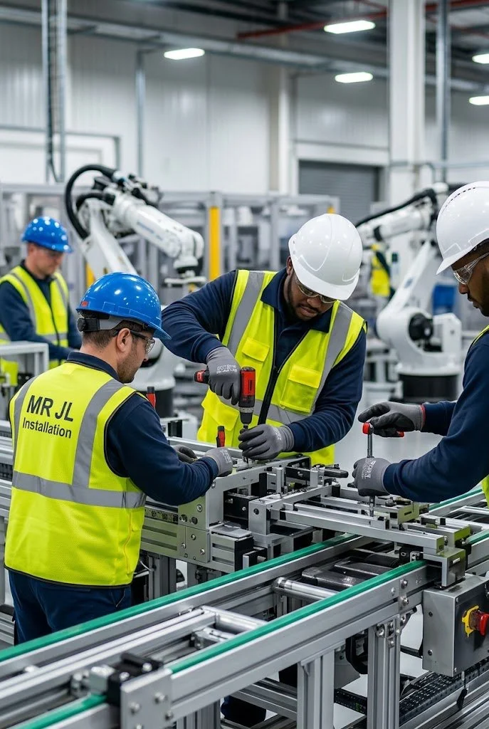 Workers in safety gear assembling machinery in factory with robotic arms.